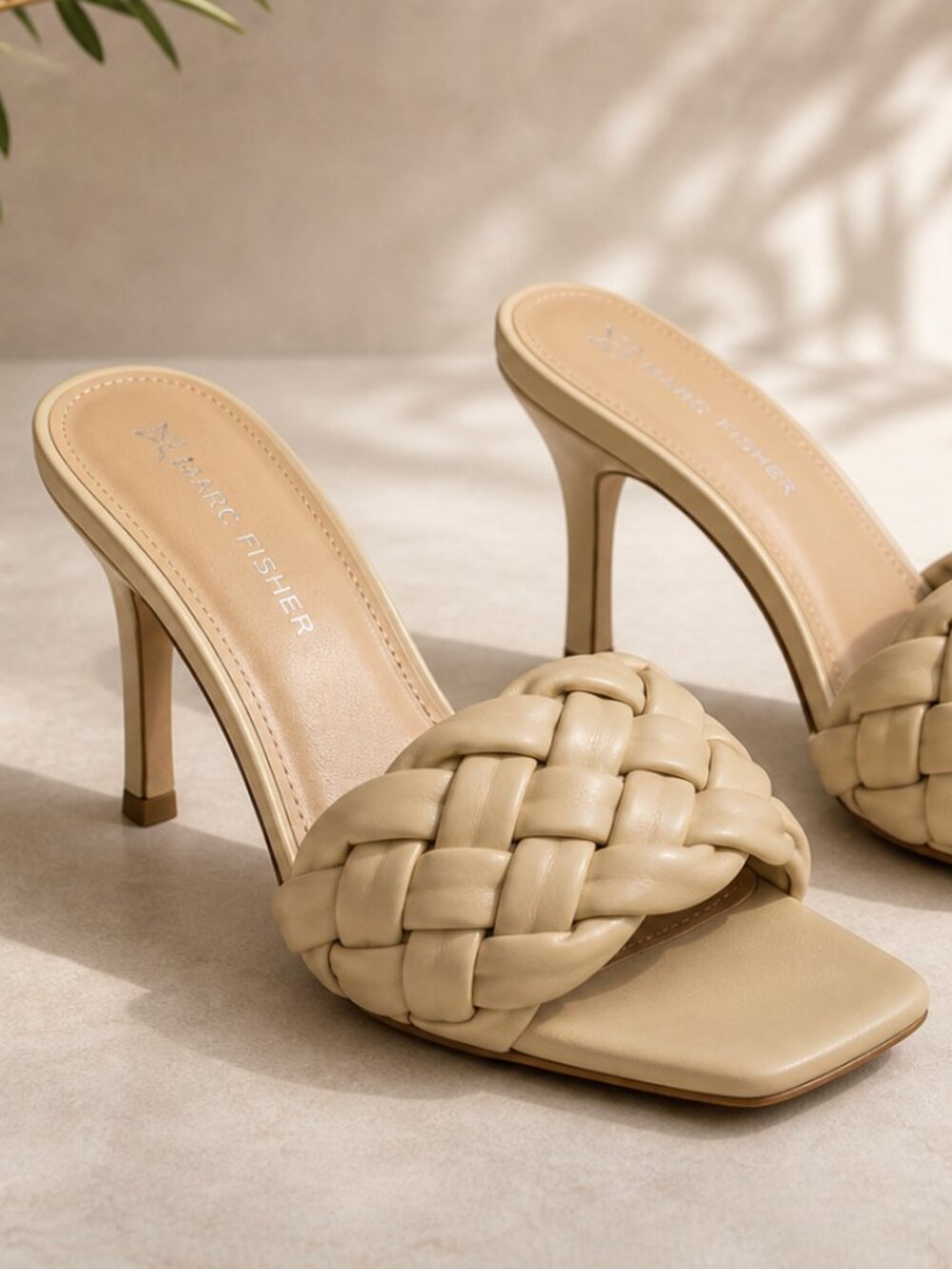 MARC FISHER Brozo Braided Strap Heels Nude Woven Square Toe Mule Sandals NWOT